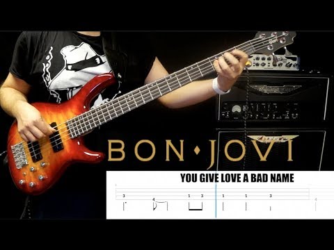 Bon Jovi You Give Love A BAD name bass play through with play along tabs   HD 1080p