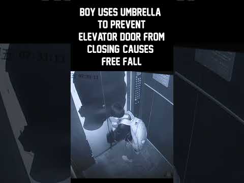Boy uses umbrella to prevent elevator door from closing causes free fall #shorts