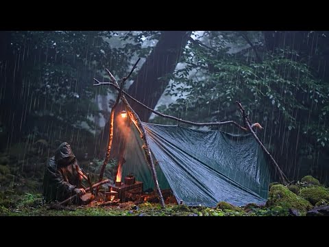 Can I Survive Alone in a Heavy Rainstorm in the Dark Forest?  | Extreme Bushcraft Survival