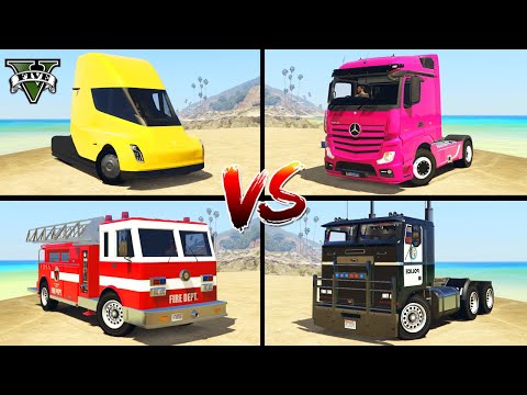 Fire Truck vs Tesla Semi Truck vs Police Hauler vs Mercedes Truck - GTA 5 which car is best?