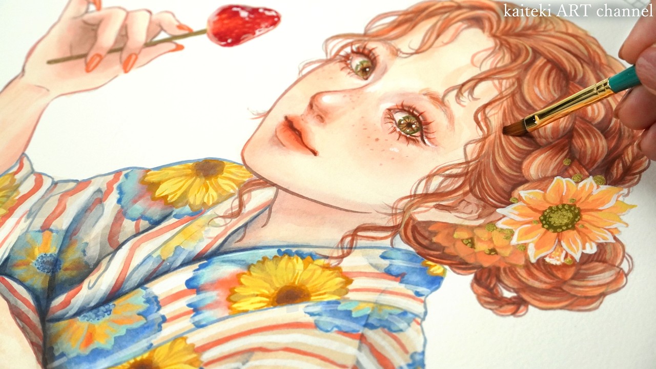 【イラストメイキング】向日葵の浴衣の女の子を描く👘🎆 illustration Making | TURNER ACRYL GOUACHE Japanesque Colour