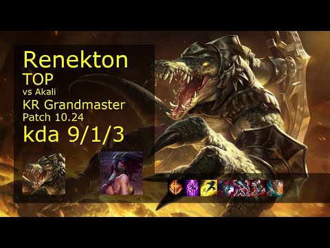 Renekton Top vs Akali - KR Grandmaster 9/1/3 Patch 10.24 Gameplay // [롤] 레넥톤 vs 아칼리 탑