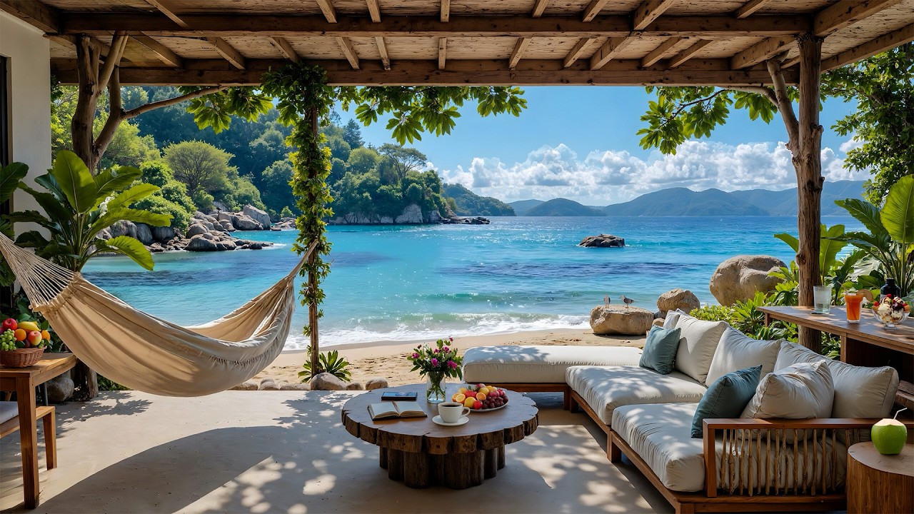 Summer Jazz & Bossa Nova Music ~ Ocean Wave Sounds at a Tropical Beach Cafe Ambience for Relaxation
