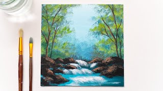Acrylic Painting for Beginners | Little Waterfall in Forest Landscape Painting