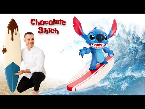 Stitch Rides a Chocolate Surfboard
