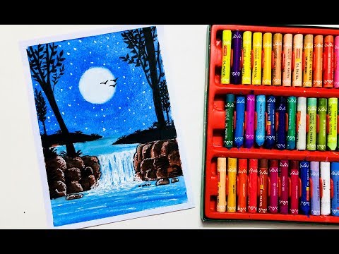 Moonlight Waterfall Scenery Drawing for Beginners with Oil Pastels