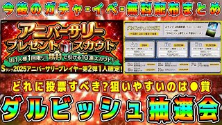 【プロスピA】ダルビッシュ抽選会どれに投票すべき！？●賞が狙い目！10周年ガチャ･イベ･無料配布のまとめ！【プロ野球スピリッツA・ダルセレ・セレクション・大抽選会・アニバ・周年福袋・選択契約書】