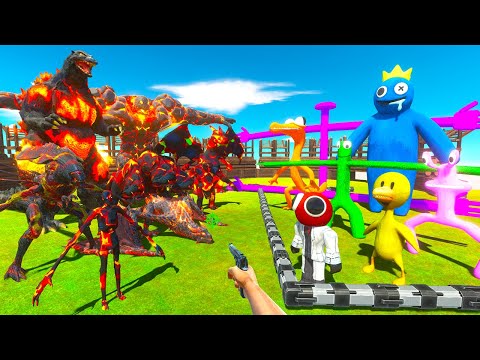 Rescues Rainbow Friends Fights Volcano Monsters in Jurassic World - Animal Revolt Battle Simulator