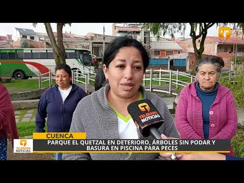 Parque El Quetzal en deterioro, árboles sin podar y basura en piscina para peces