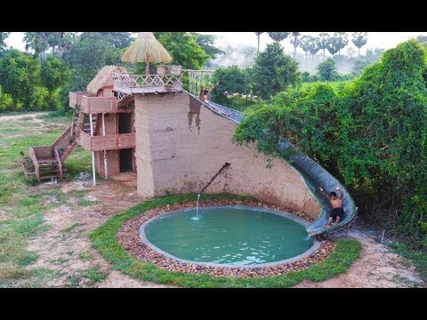 Construir piscina redonda e casa de lama de três andares com toboágua - Parte 2