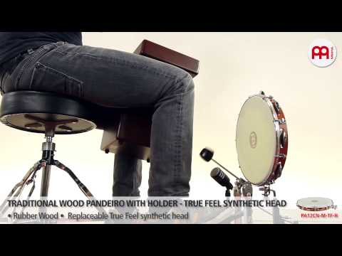 Traditional Wood Pandeiro with Holder - True Feel Synthetic Head - PA12CN-M-TF-H