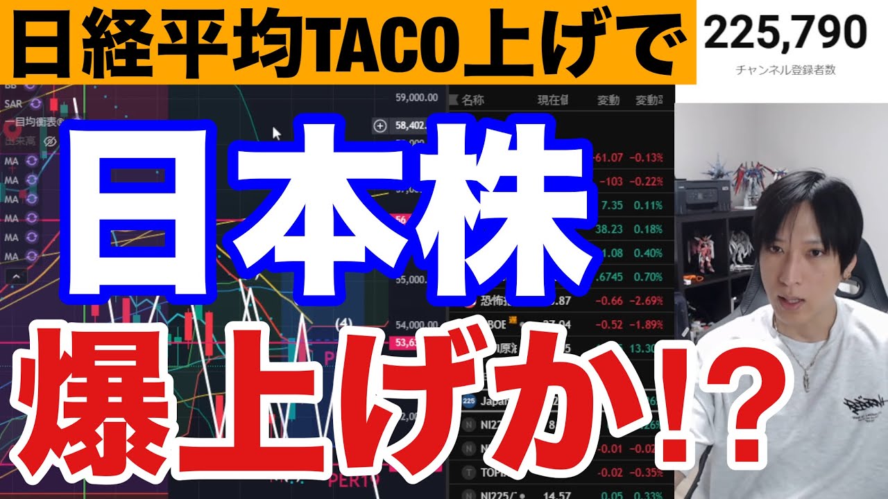 4/6【日本株爆上げ来るか⁉日経平均TACO上げ来そーけど中東情勢懸念で後場売り圧力増】WTI原油急騰、ドル円159円。米国株、ナスダック、AI関連銘柄下落相場止まったか。仮想通貨BTC上昇