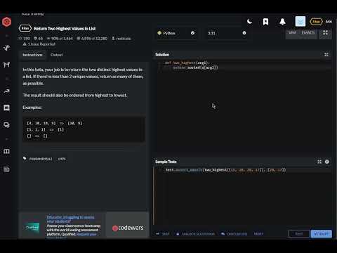 Codewars Python Return Two Highest Values In List