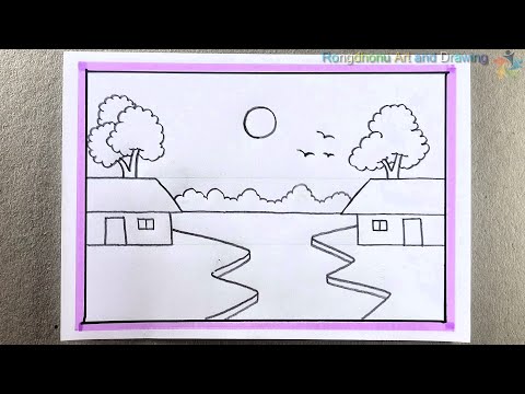 Village River Scenery Drawing 🌳🌲 Pencil Drawing 💚 Bangla Voice Tutorial