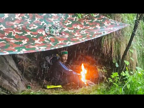 Solo camping in heavy rain | shelter under the cliff | Bushcraft | ASMR