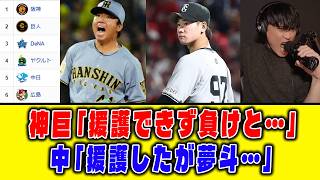 【9月25日】最新セリーグ順位表｜神巨「援護できず負けと…」中「援護したが夢斗…」