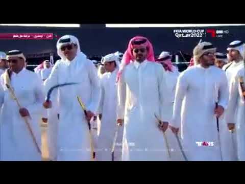 Amir participates in Ardah (traditional sword dance) as part of the Qatar National Day Celebrations.