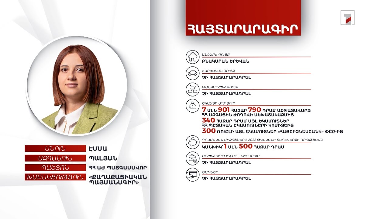 Բնակարան, 1 մլն 500 հազար դրամ. ՀՀ ԱԺ պատգամավոր Էմմա Պալյանի հայտարարագիրը