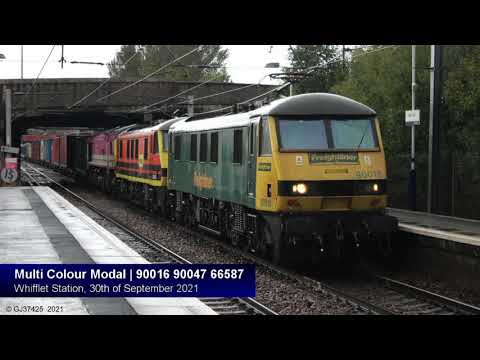 Multi Coloured Modal | Green 90016, Orange 90047 & Pink 66587 working Coatbridge - Crewe: 30/09/21