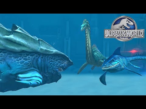 MEGARCHELON VS MOSASAURUS AND ELASMOSAURUS - AQUATIC BATTLE || JURASSIC WORLD THE GAME