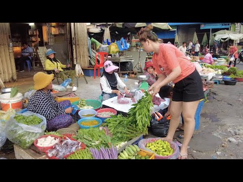 Daily Life In Market of Cambodia Lifestyle Vendor Selling Fresh, Fruits, Vegetable, Pork