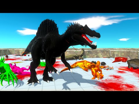 COLORED UNITS RUN INTO DARK SPINOSAURUS MOUTH