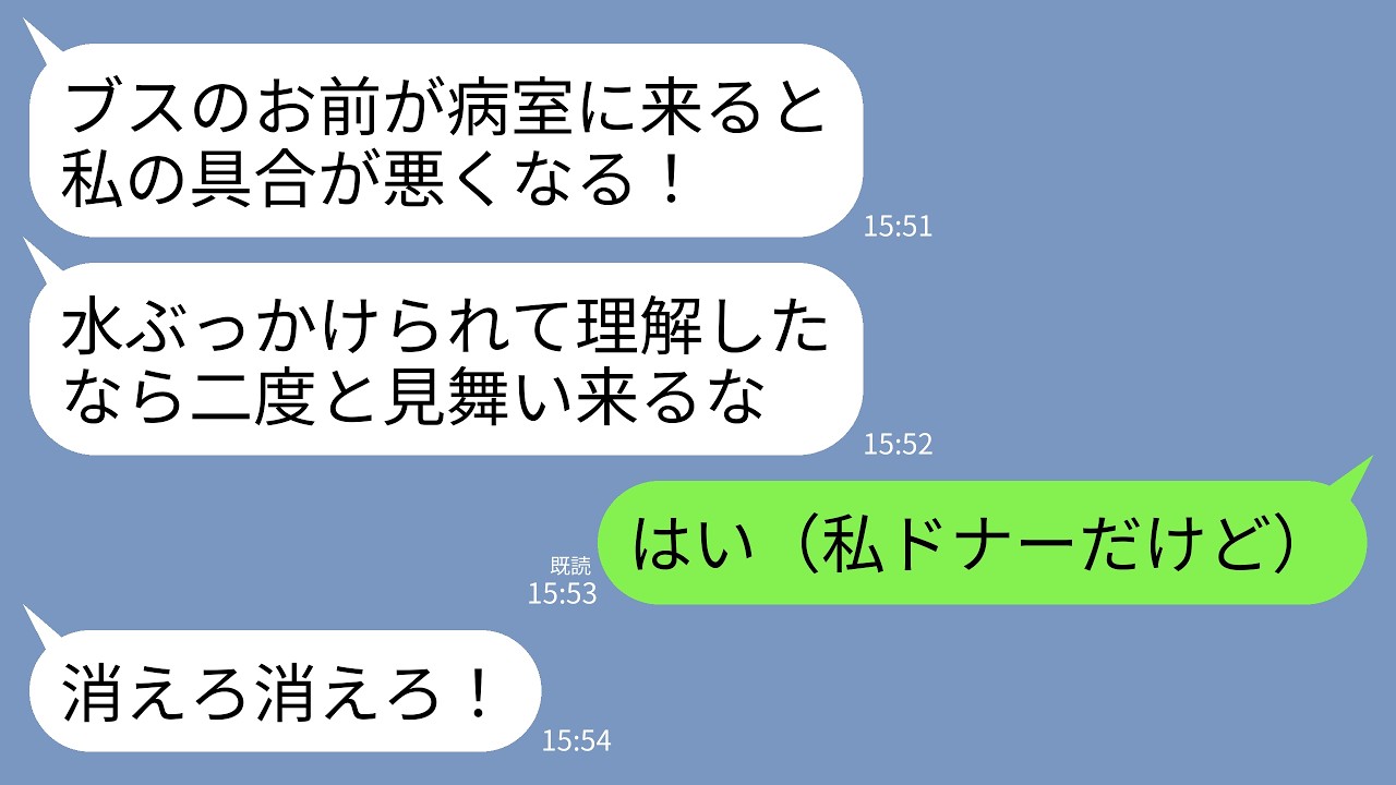 【LINE】唯一のドナーが私と知らずに面会に行った私に水をぶっかけた妹「ブスの顔見ると具合が悪くなる！二度とツラ見せるな！」→お望み通り何があっても会いに行かなかった結果www