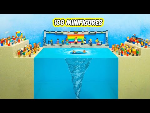 100 Minifigures Faced With Danger Of A Giant Water Vortex - Lego Dam Breach Experiment VS Vortex
