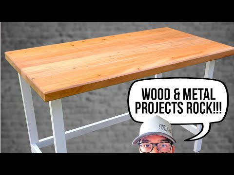 Simple Solid Wood Top Table with a Metal Frame
