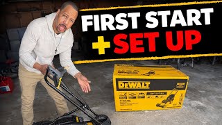 Unboxing set up first start of DeWalt gas 163 cc lawnmower model ￼ DW12AVP2R3739