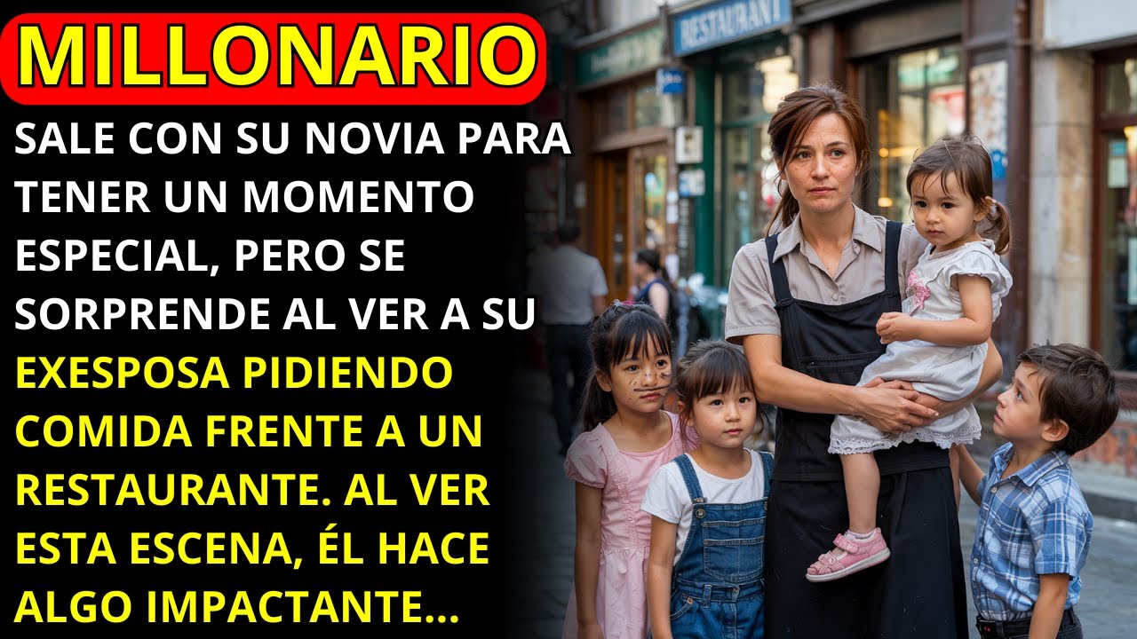MILLONARIO VE A SU EXESPOSA EN LA PUERTA DE UN RESTAURANTE PIDIENDO COMIDA CON 4 NIÑOS IDÉNTICOS