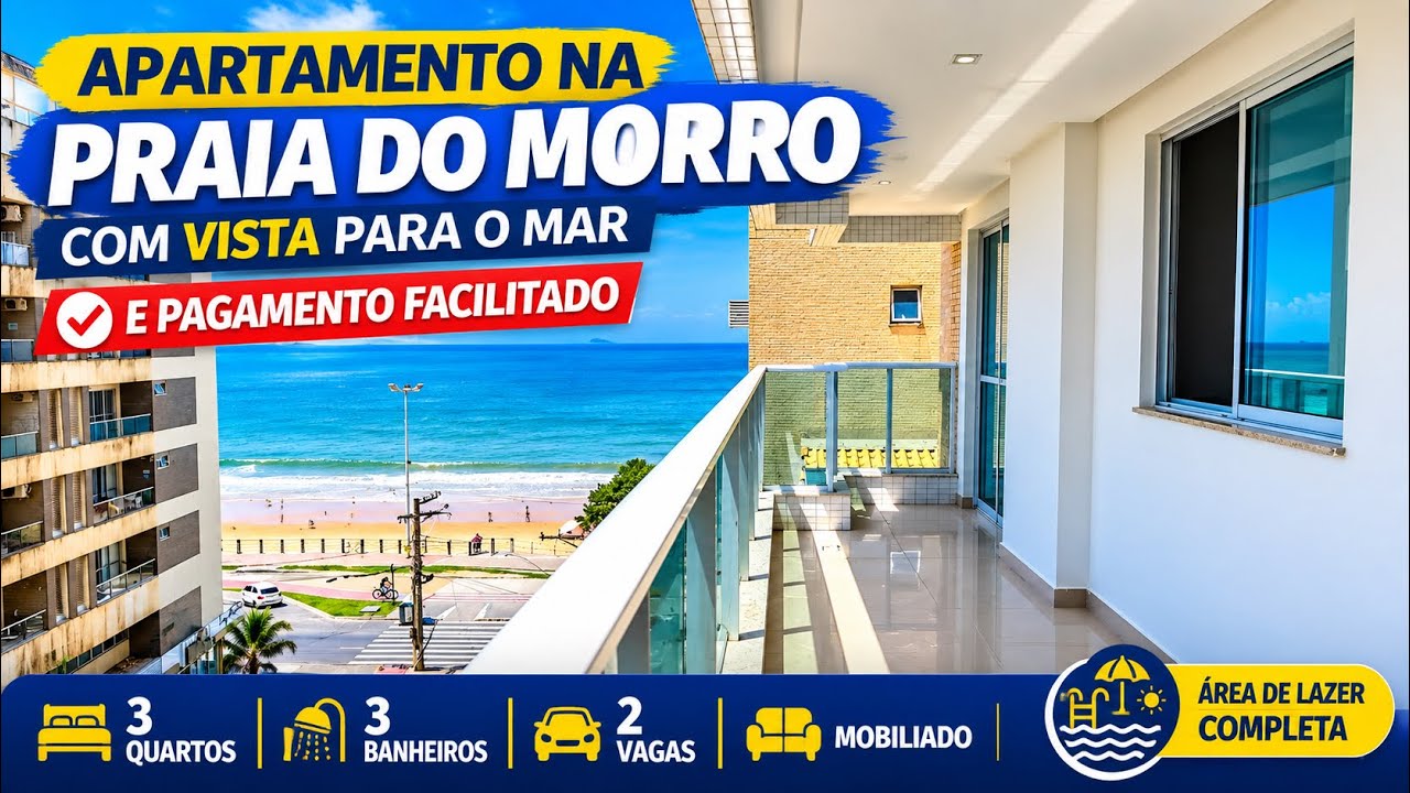 Apartamento na Praia do Morro com vista para o mar, área de lazer completa e pagamento facilitado