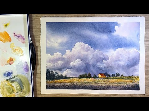 Watercolor painting landscape - Clouds over a field