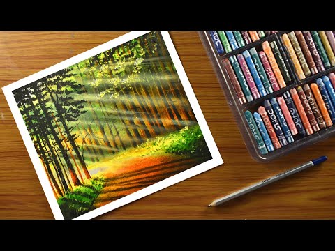 Easy forest lights drawing with oil pastel / How to draw easy forest Landscape -step by step
