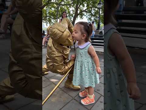 Baby Meets a Golden Living Statue! 😲❤️ #Cute