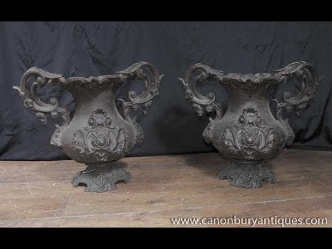 Antique French Art Nouveau Cast Iron Garden Urns