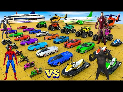 Spiderman vs Iron Man vs Gorilla - Car Racing Stunts on Mega Ramp 2024