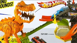 HOT WHEELS T-REX TAKEDOWN WITH 18 HOT WHEELS CARS INCLUDED  DINOSAUR TRAPS & LAUNCHERS - UNBOXING