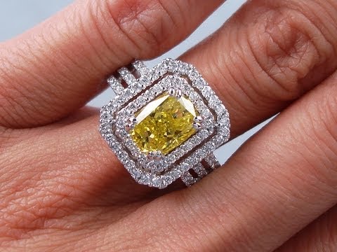 2.89 ctw Cushion Cut Vivid Yellow SI1 Diamond Engagement Ring - BigDiamondsUSA