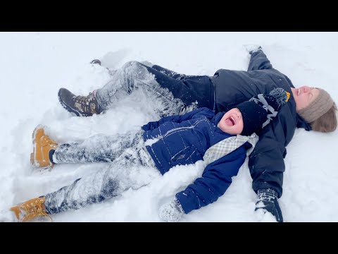 KiDS PLAYING IN THE SNOW!! Caleb and Big Sister Aubrey Have FUN Snow Day! Sledding, Snowball Fights!