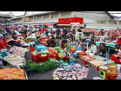 Massive food supplies at Chhar Ampov market, Cambodian food market scenes