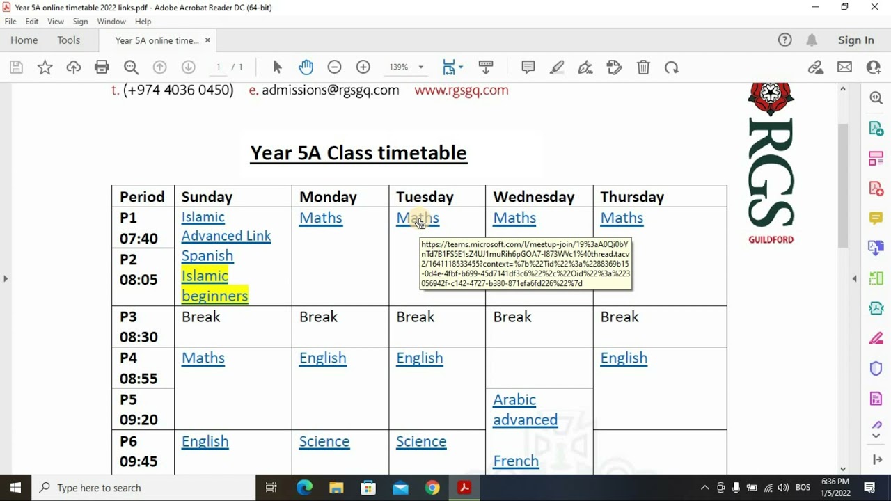 How to join online lesson using pdf timetable