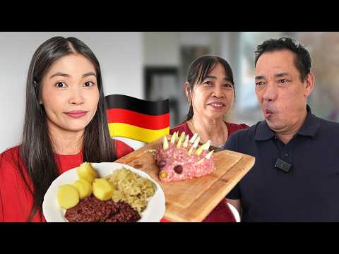 My parents are eating German food for the first time.