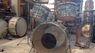 Video thumbnail for 1970s Pearl Wood Fiberglass Oyster Blue Drum Kit by Hawthorne Drum Shop