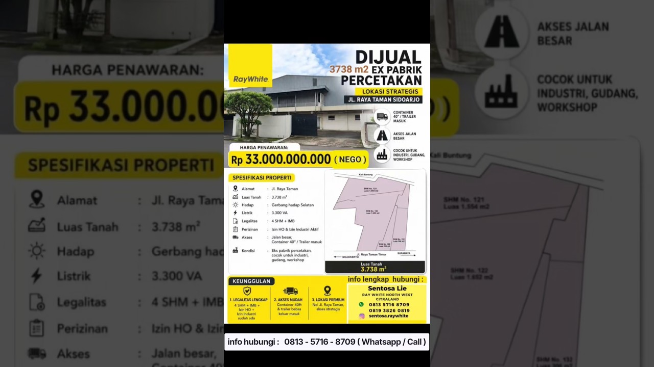 For Sale 3738 M2 Former Factory, Main Road Taman - Sepanjang - Sidoarjo, East Java - Complete Active Industrial Permits - HO Permit - 40 Feet Container Truck Access - Freehold Title (SHM) - Good Condition, Ready to Use