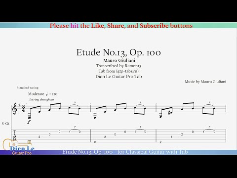 Etude No.13, Op. 100 - for Classical Guitar with Tab
