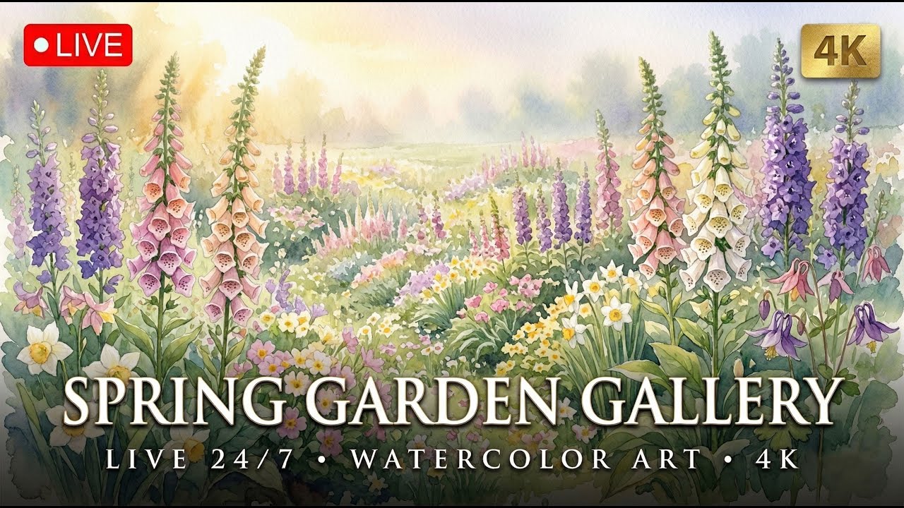 Watercolor Spring Garden - English Botanical Art - 4K Screensaver 🔴 LIVE — 4K ambient art screensaver in baroque gold frame