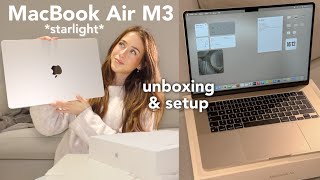 MacBook Air M3 Unboxing (starlight) 2024 | aesthetic customization & setup
