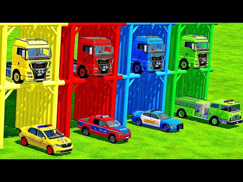 TRANSPORTING FIRE DEPARTMENT, AMBULANCE, DACIA, AUDI, VOLKSWAGEN POLICE CARS WITH TRUCKS ! FS22