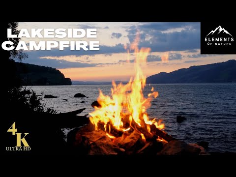4K UHD Realtime Sunset Campfire by the lake with beautiful Afterglow!  Stress Relief / Romantic